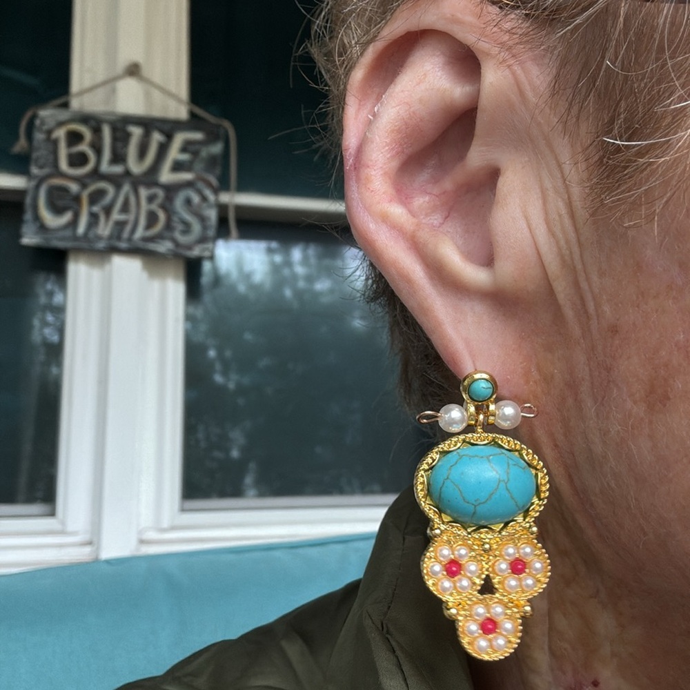 Elegant Gold and Turquoise Earrings NWT - Picture 3 of 3
